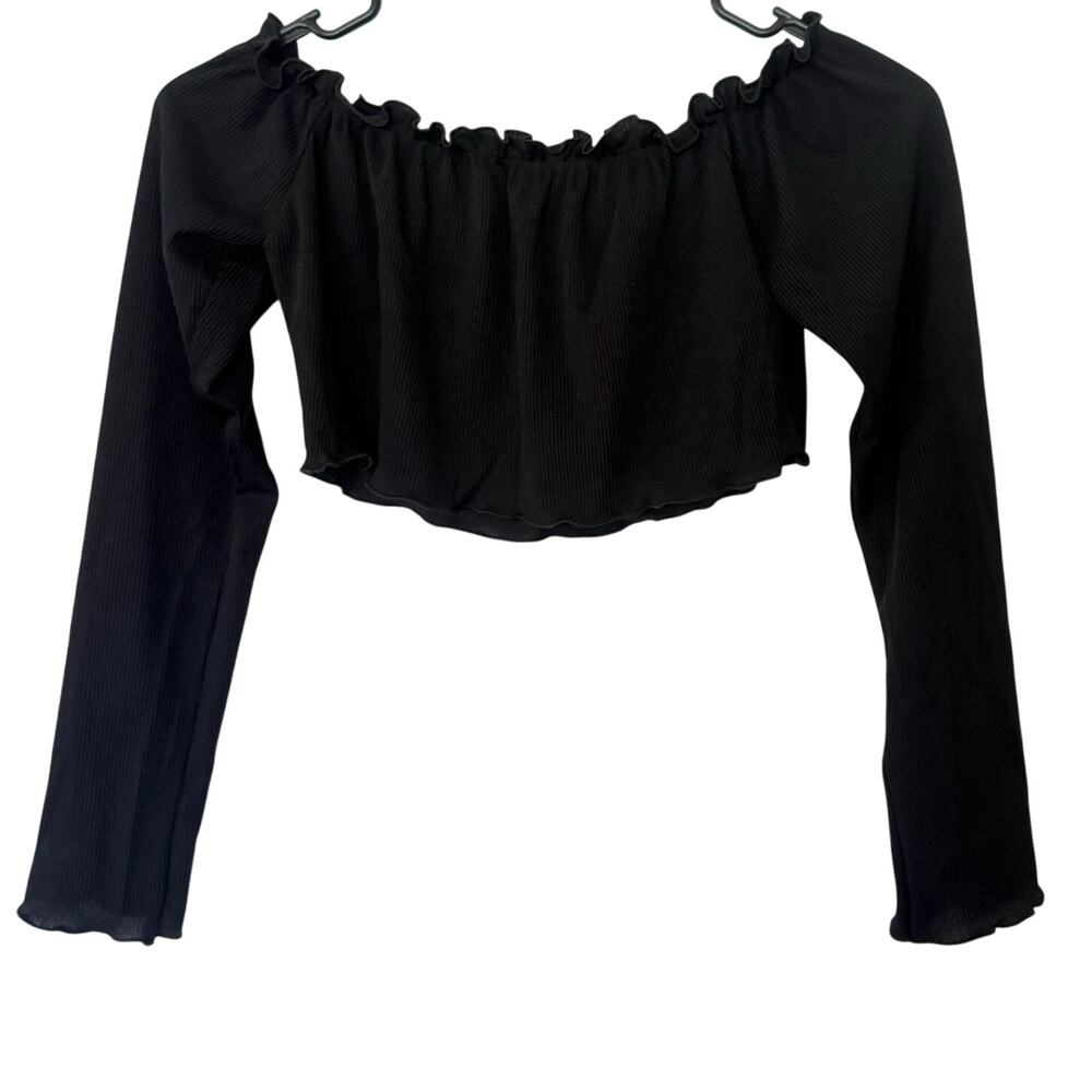 Nasty Gal Long Sleeve Ribbed Crop Top Black Size Medium (8) Lettuce Hem Stretch